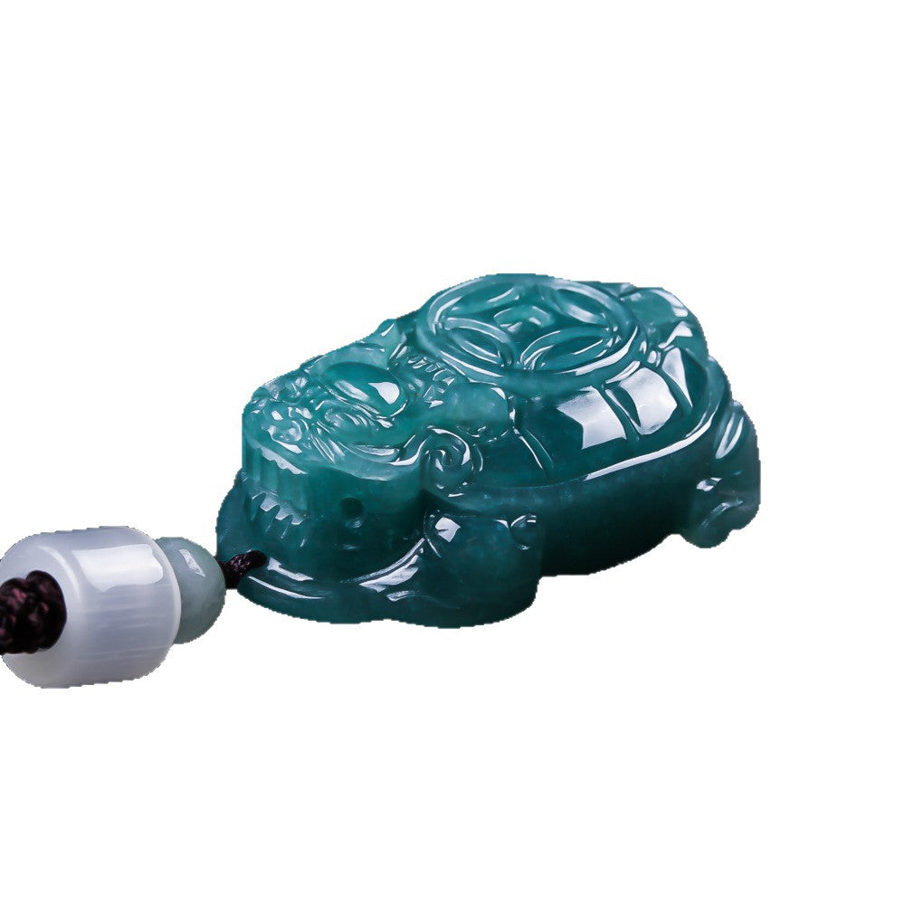 Natural jadeite dragon turtle pendant icy teal polished carving