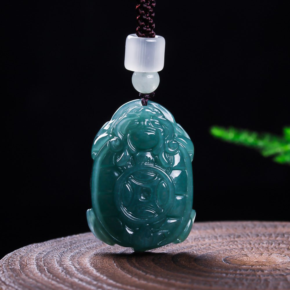 Grade A blue water jadeite dragon turtle amulet side carving detail