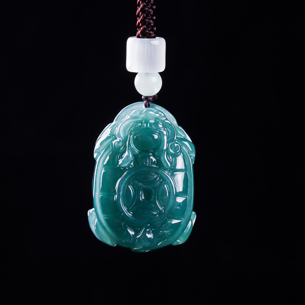 Icy blue-green jadeite dragon turtle pendant premium feng shui jewelry