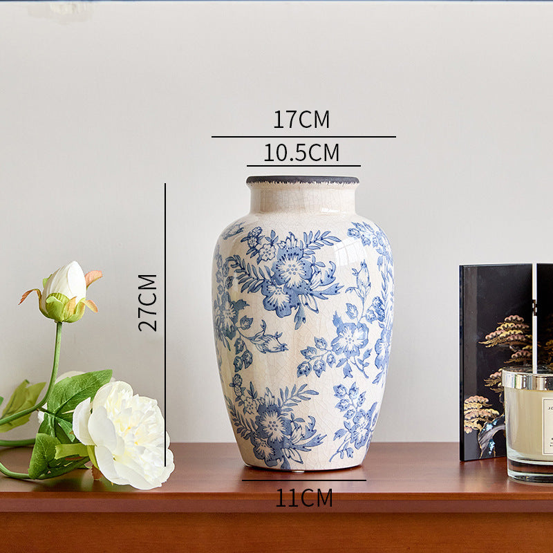 Blue and white American Chinoiserie tall bulb ceramic vase, 27 cm high