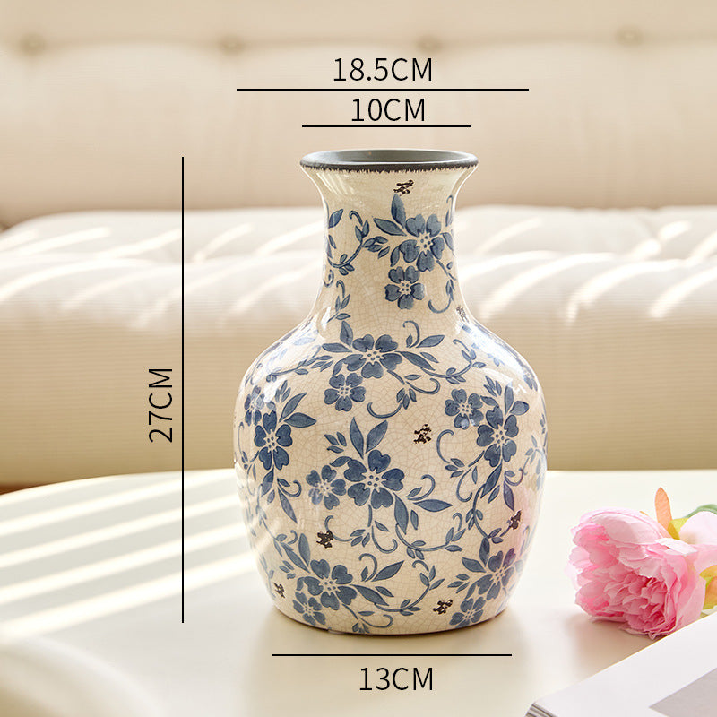 Blue and white American Chinoiserie tall slim ceramic vase, 27 cm high