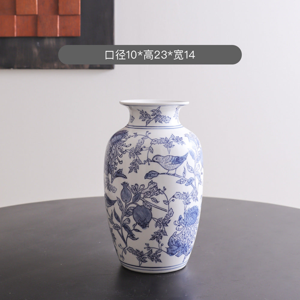 Blue and white bird and flower baluster vase, 14 cm wide and 23 cm high