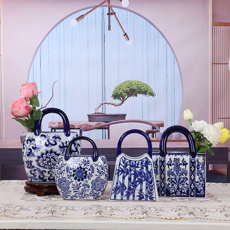Blue and white ceramic handbag vase collection in Chinese inspired interior