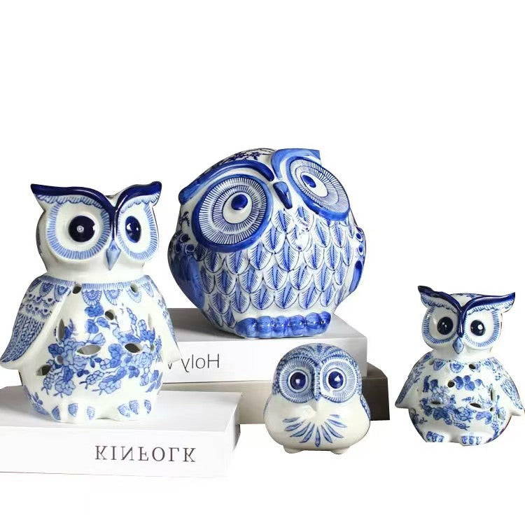 Blue and white ceramic owl collection styled together