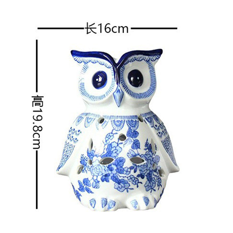 Blue and white floral ceramic owl figurine, large, 19.8 cm high
