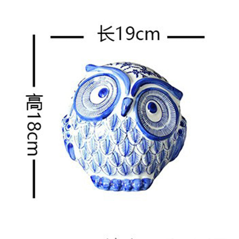 Blue and white large round owl ceramic figurine, 19 cm wide