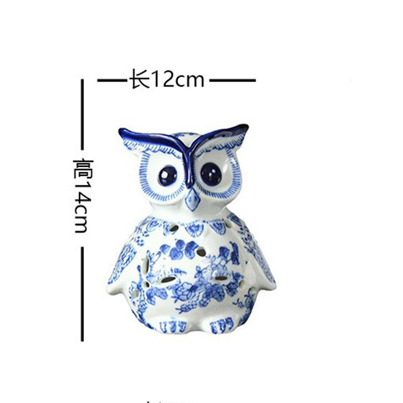 Blue and white floral ceramic owl figurine, small, 14 cm high
