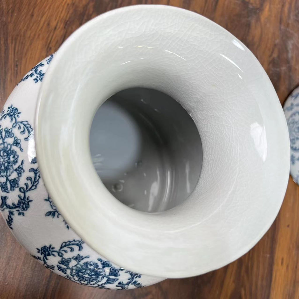 Blue and white ceramic vase mouth and glazed interior detail