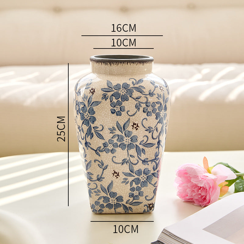 Classic blue and white square-base floral ceramic vase, 25 cm high