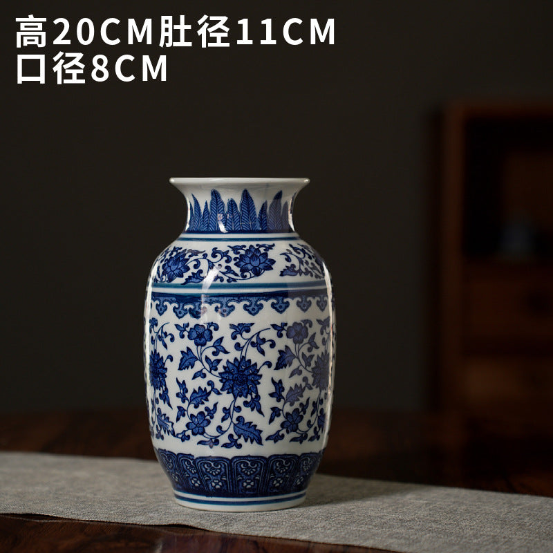 Blue and white cylinder open ceramic jar, 20 cm high
