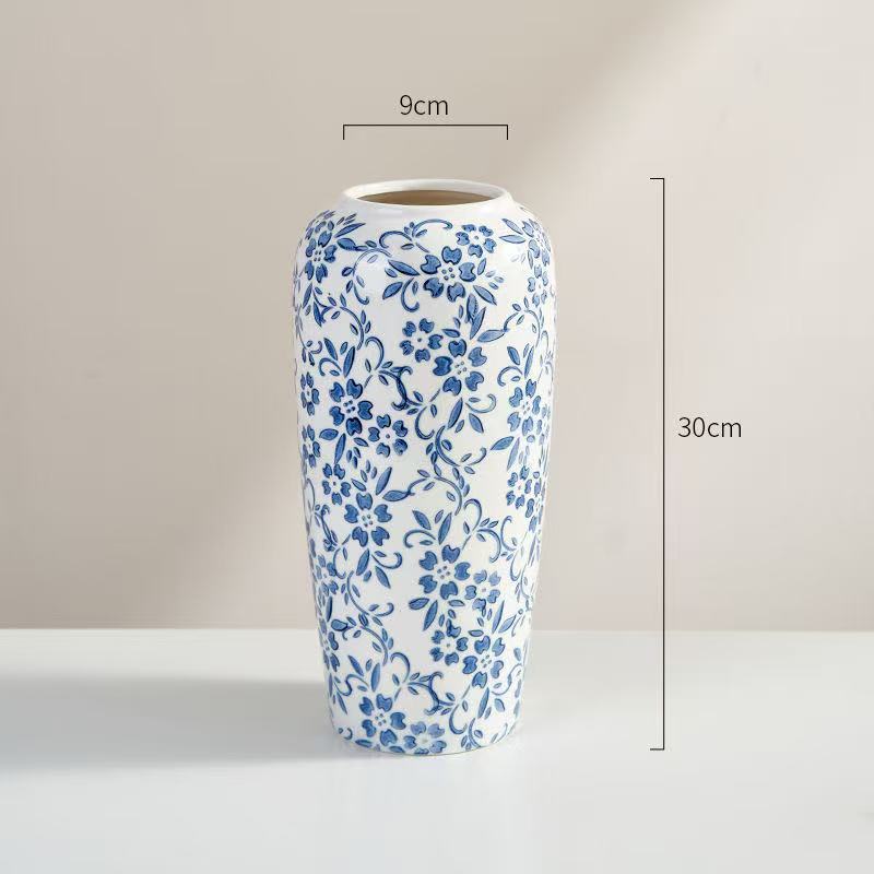 Blue and white floral cylinder ceramic vase, Large, 30 cm high