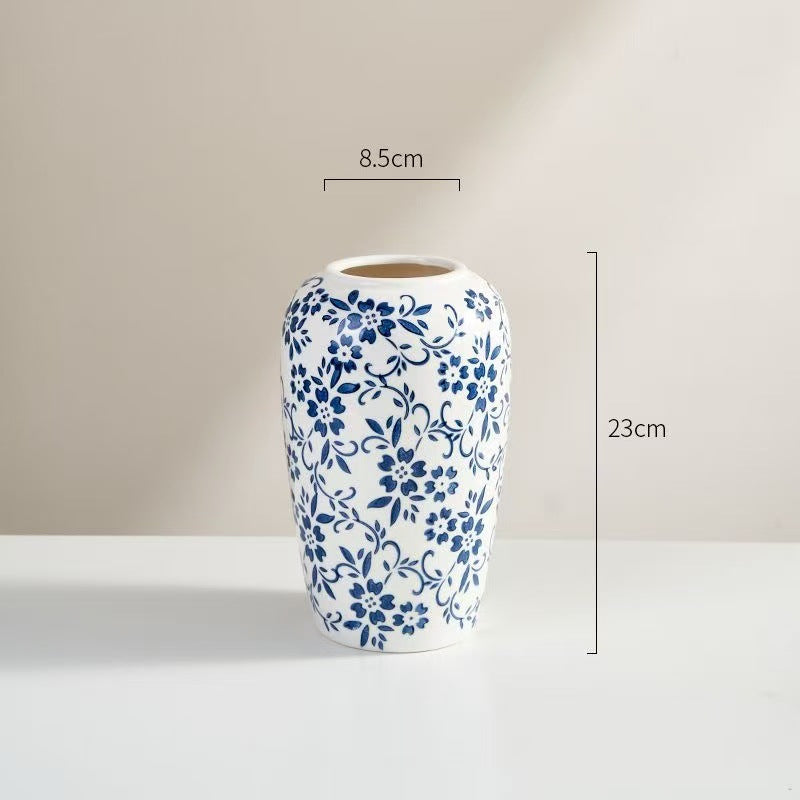 Blue and white floral cylinder ceramic vase, Small, 23 cm high