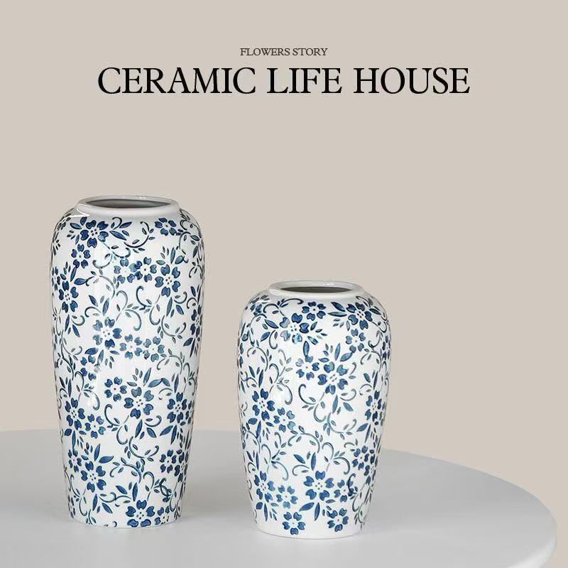Blue and white floral cylinder vase pair in Small and Large sizes