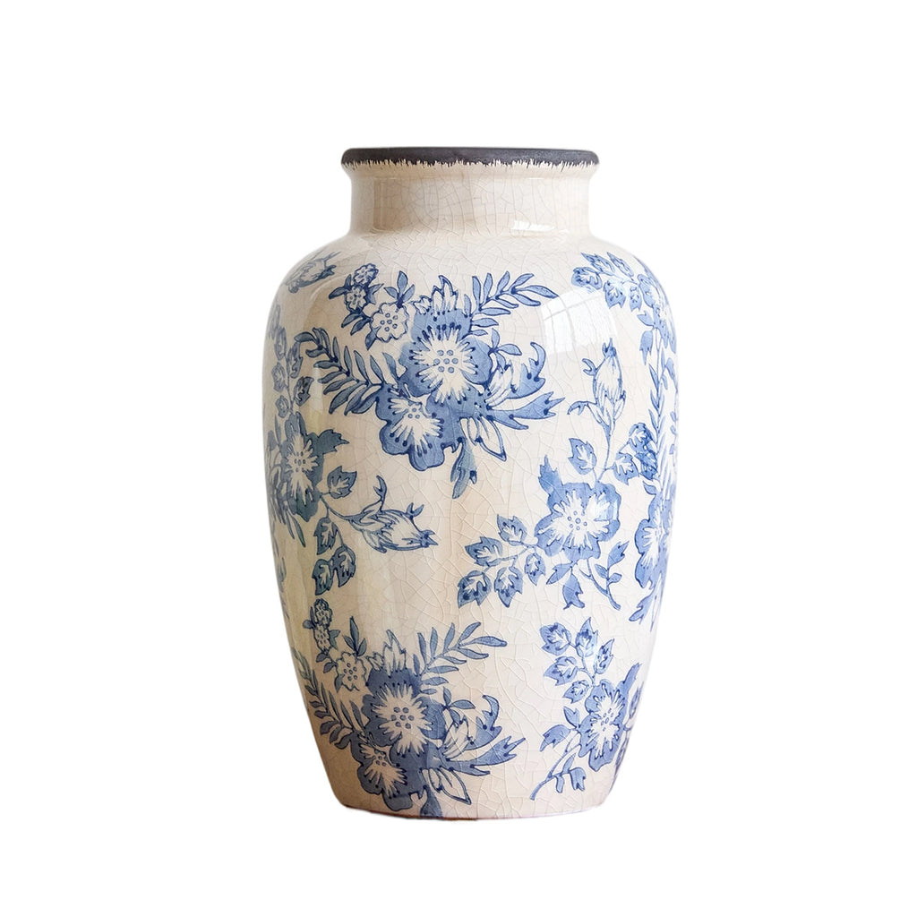 Blue and white floral ceramic vase front view