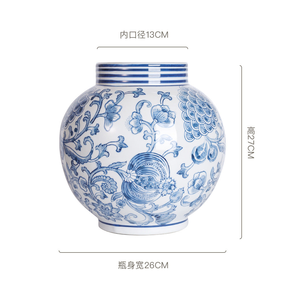 Blue and white full moon ceramic vase, 26 cm wide and 27 cm high