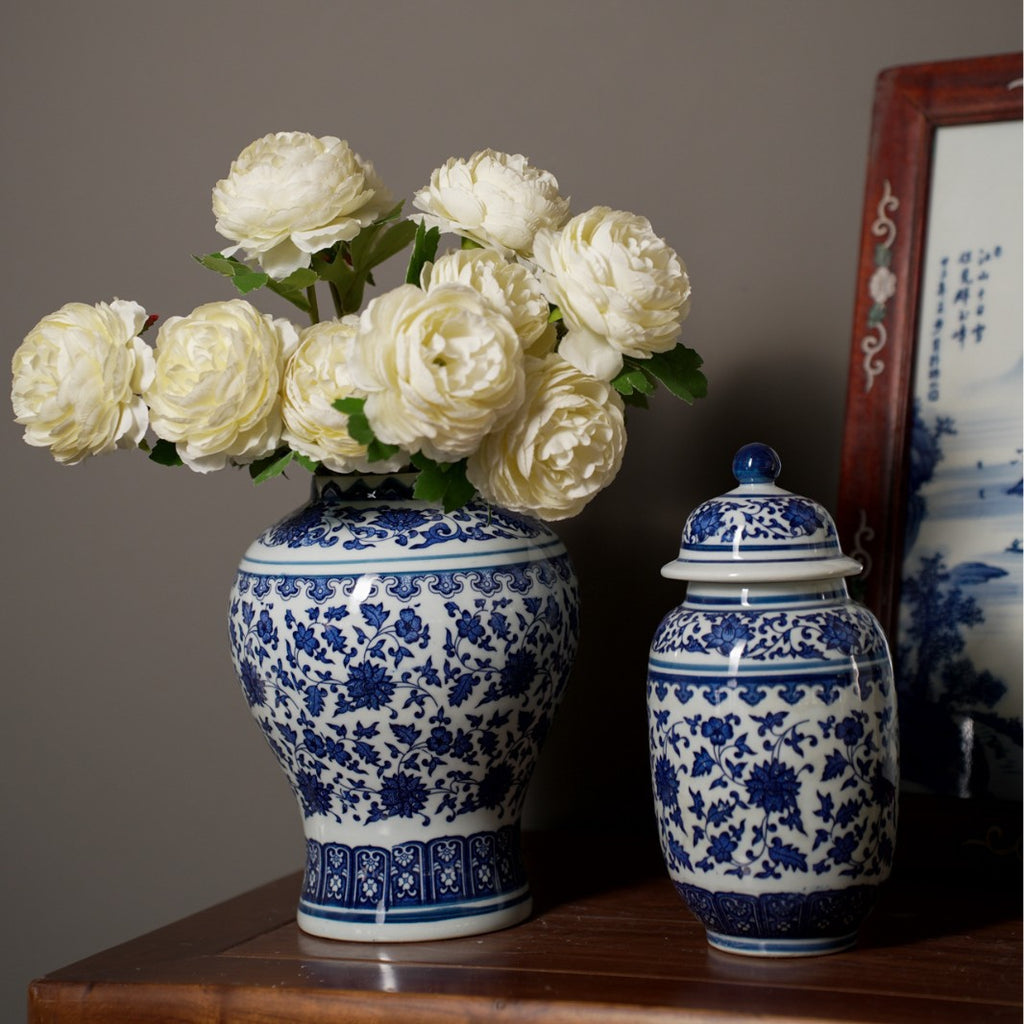 Blue and white ginger jar and vase pair styled with white flowers