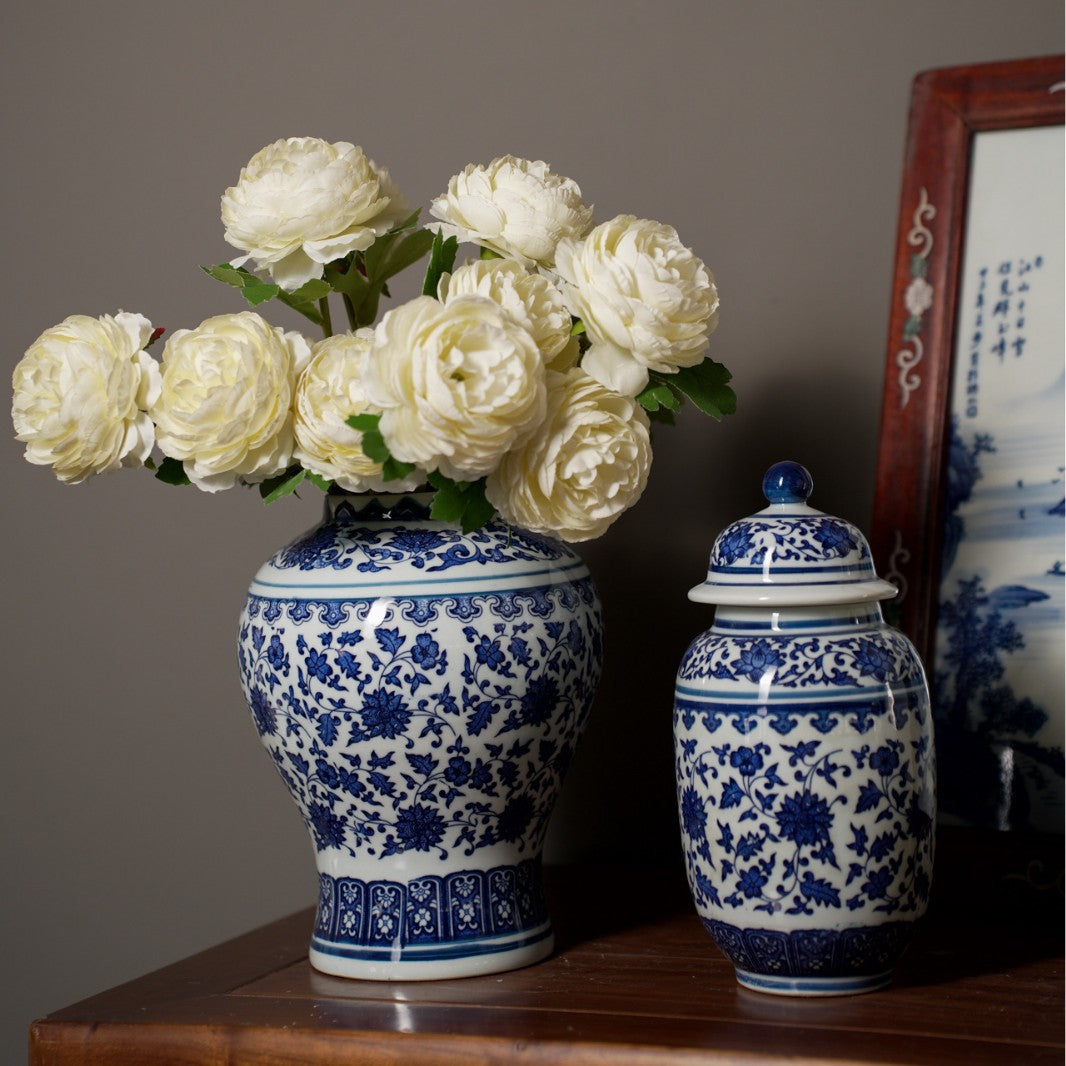 Blue and white ginger jar and vase pair styled with white flowers