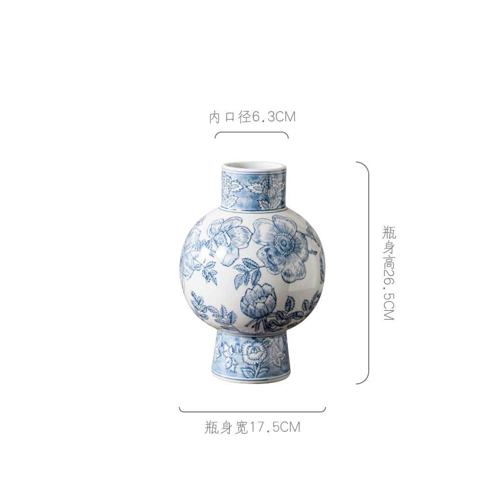 Blue and white Large Belly pedestal ceramic vase, 17.5 cm wide and 26.5 cm high