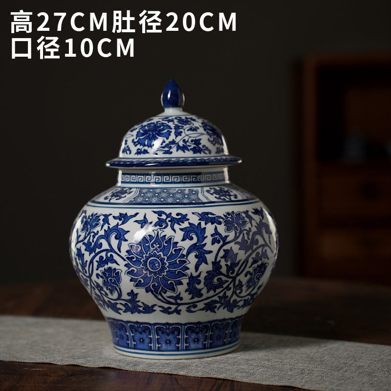 Blue and white lidded round ceramic jar, 27 cm high