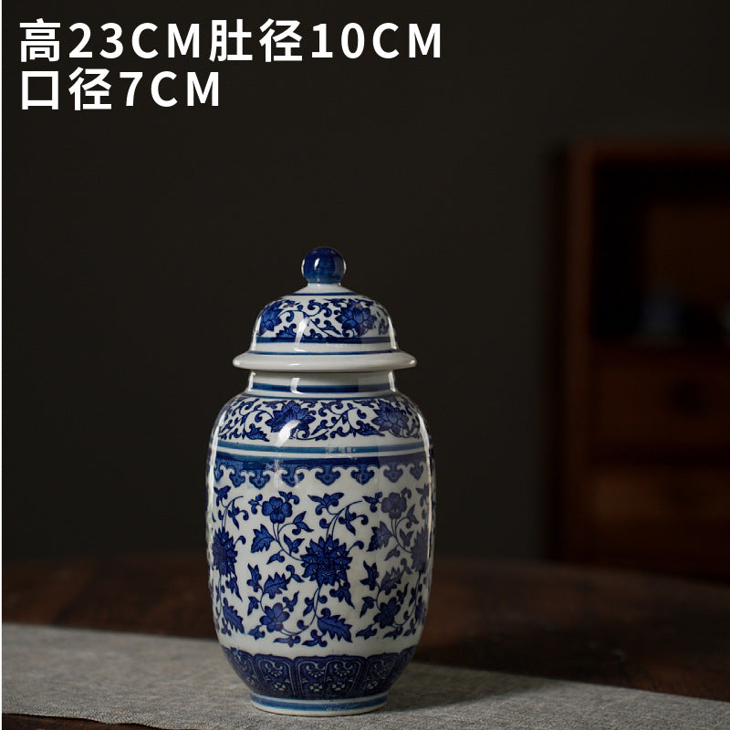 Blue and white lidded slim cylinder jar, 23 cm high