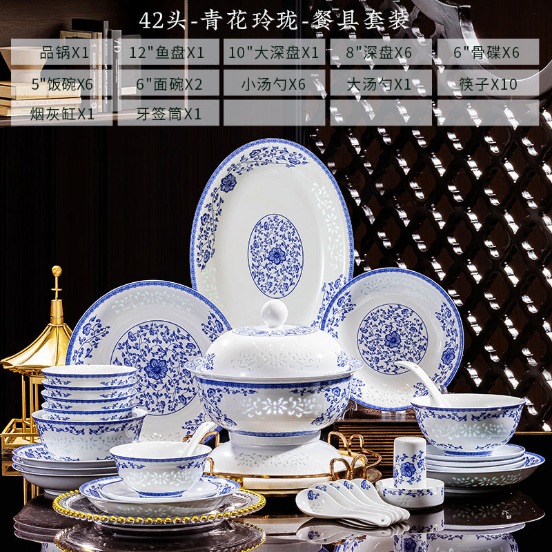 42-piece Jingdezhen blue and white Linglong porcelain dinnerware set configuration