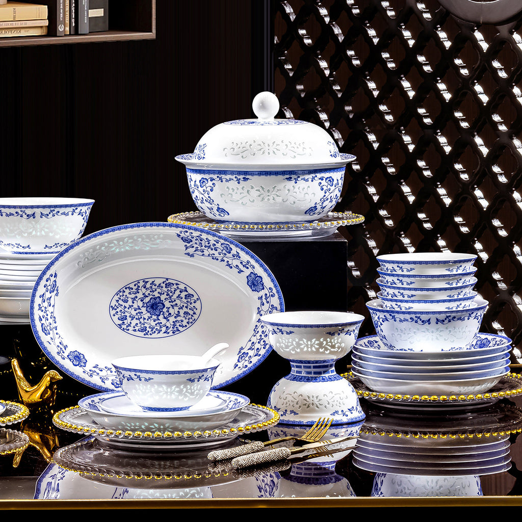 Jingdezhen blue and white Linglong high-white porcelain dinnerware set with translucent openwork bowls plates and lidded tureen