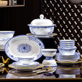 Jingdezhen blue and white Linglong high-white porcelain dinnerware set with translucent openwork bowls plates and lidded tureen