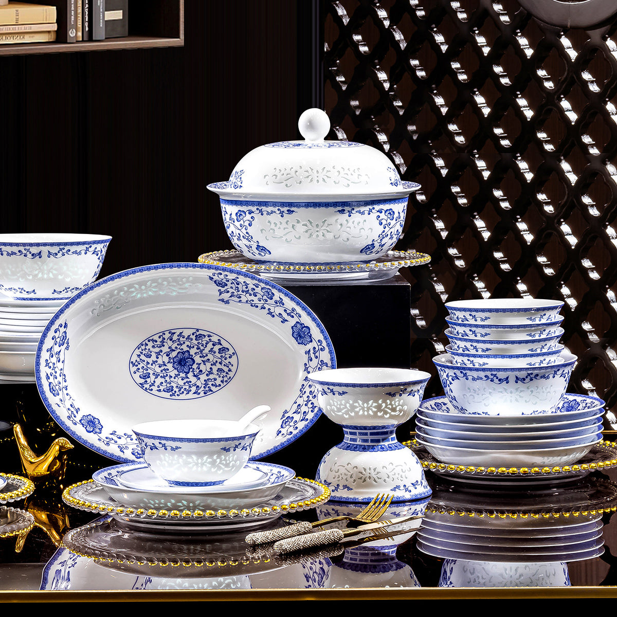 Jingdezhen blue and white Linglong high-white porcelain dinnerware set with translucent openwork bowls plates and lidded tureen