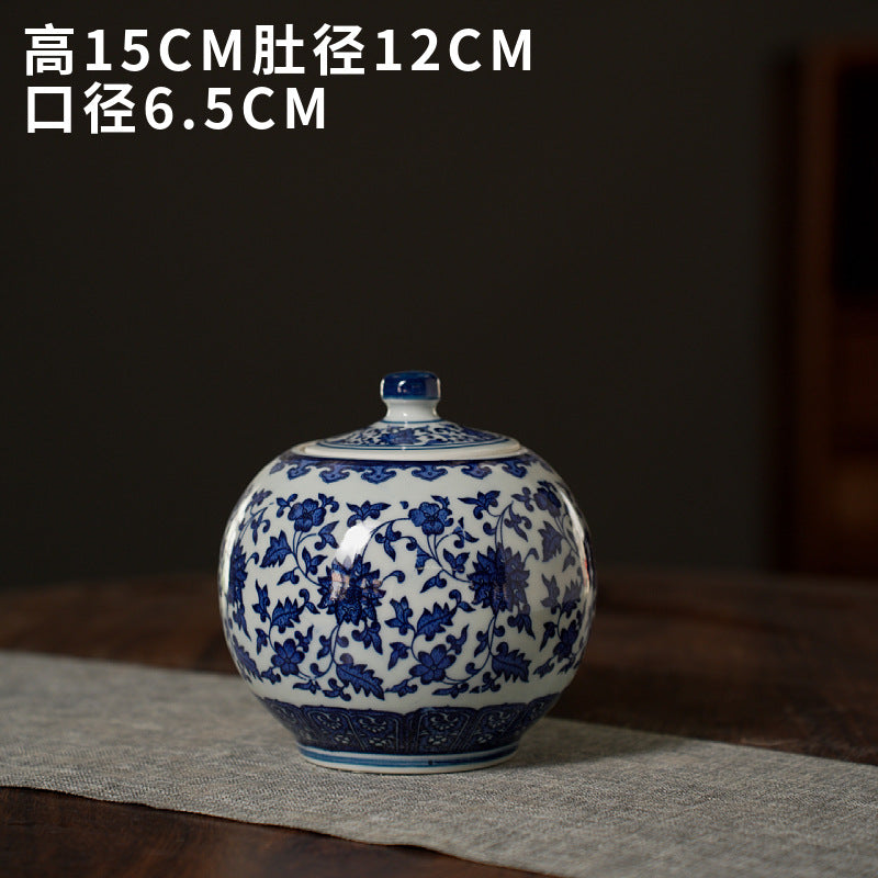 Blue and white low round ceramic vase, 15 cm high