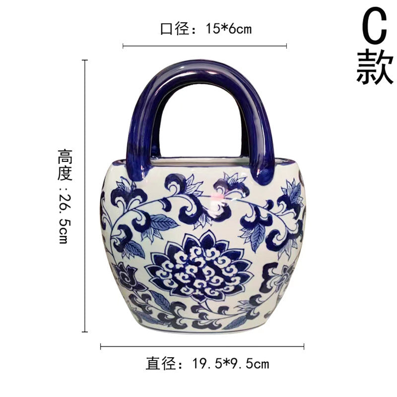 Blue and white medallion ceramic handbag vase, approximately 20.5 cm high