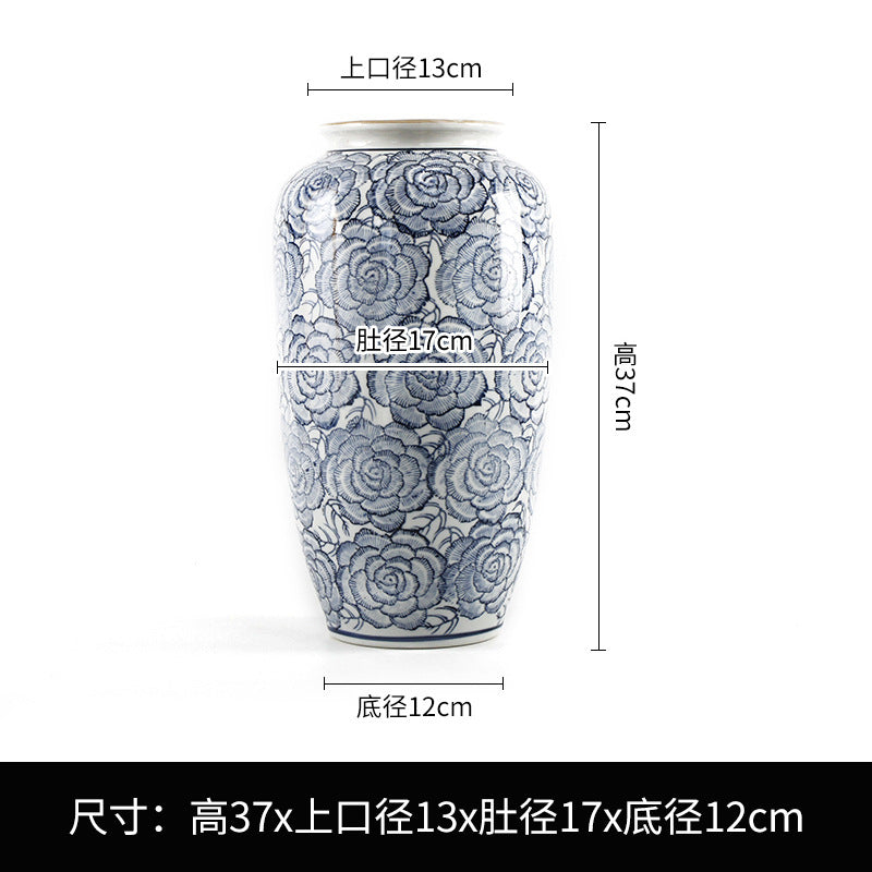 Blue and white peony tall cylinder vase, 37 cm high