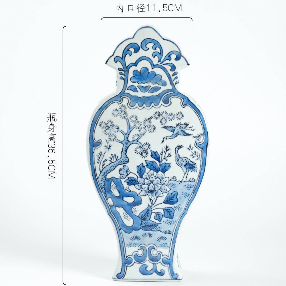 Blue and white Phoenix Tail flat ceramic vase, approximately 36.5 cm high