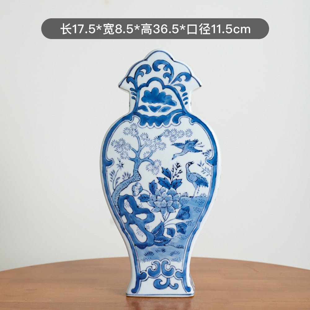 Blue and white Phoenix Tail flat ceramic vase, 36.5 cm high