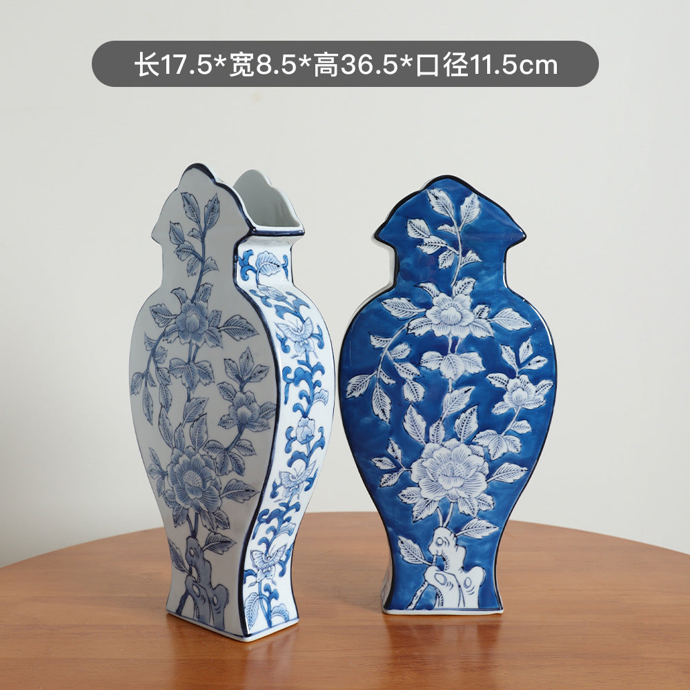 Two-sided blue and white Phoenix Tail flat ceramic vase, 36.5 cm high