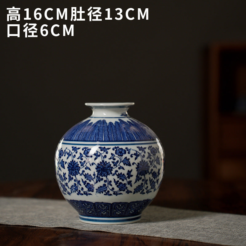 Blue and white round open ceramic vase, 16 cm high