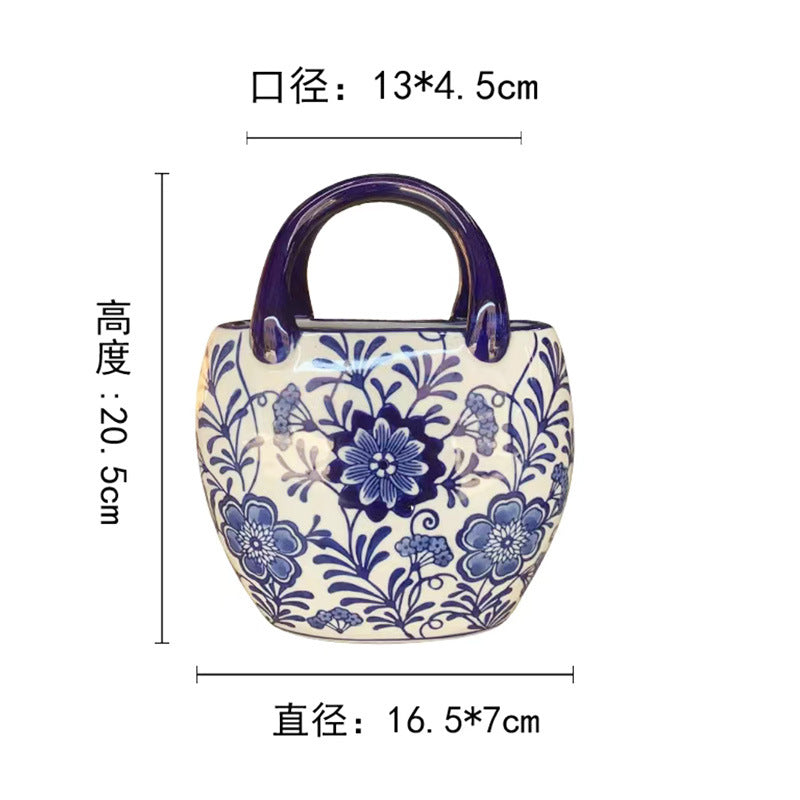 Blue and white round peony ceramic handbag vase, 20.5 cm high