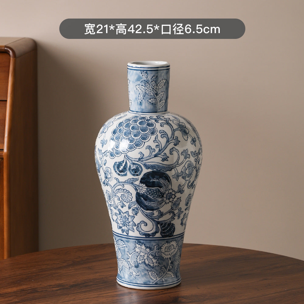 Blue and white scroll Meiping vase, 21 cm wide and 42.5 cm high