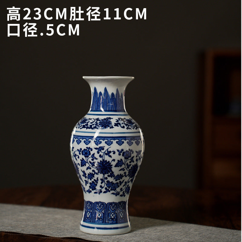 Blue and white slim floral ceramic vase, 23 cm high