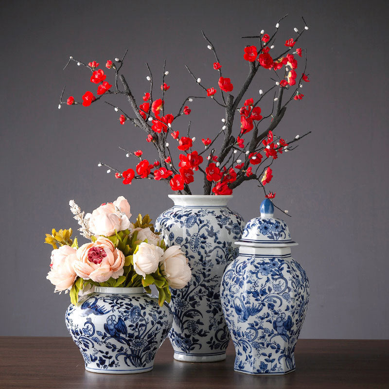 Blue and white Chinese vase collection styled with flowers