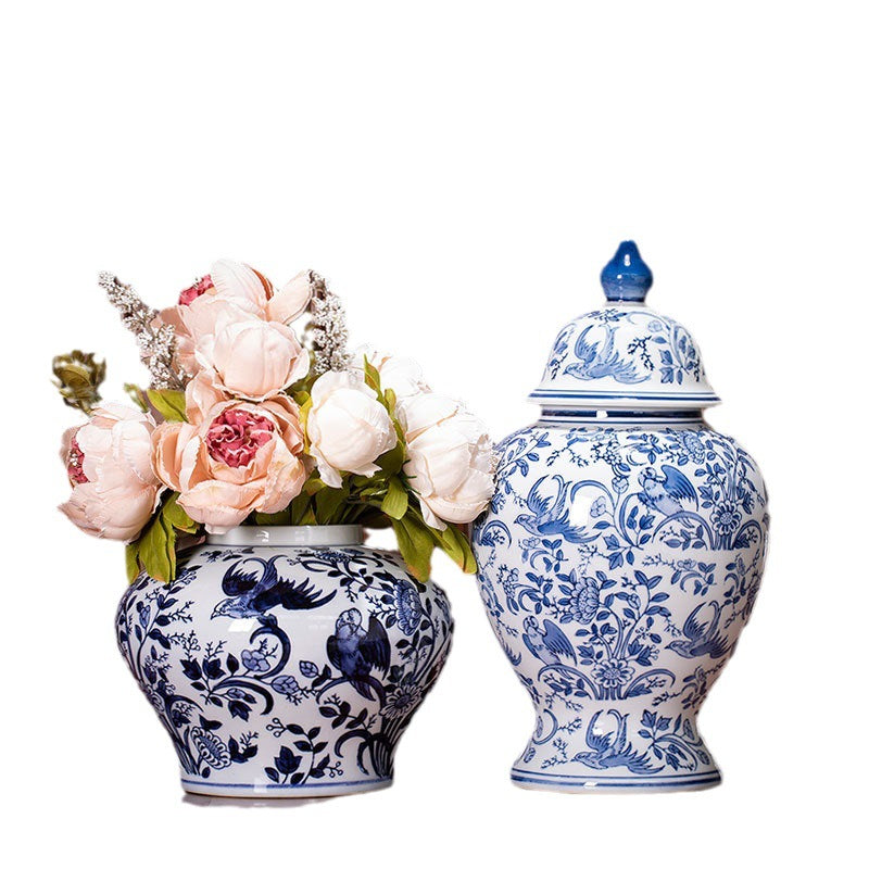 Blue and white ceramic vase pair styled with peonies