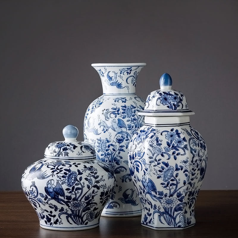 Blue and white Chinese vase collection styled on dark wood