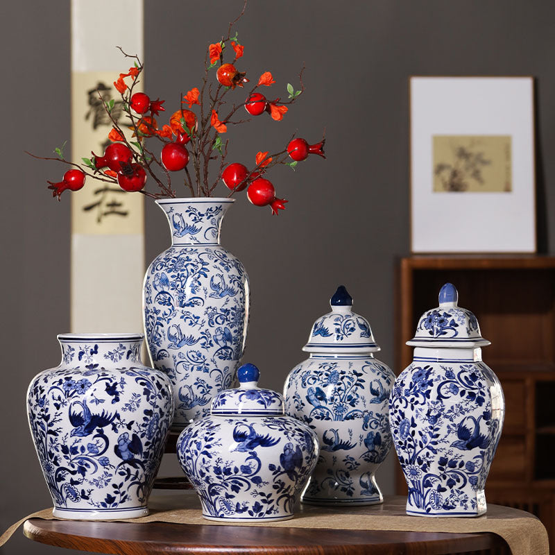 Blue and white Chinese vase collection styled with branches