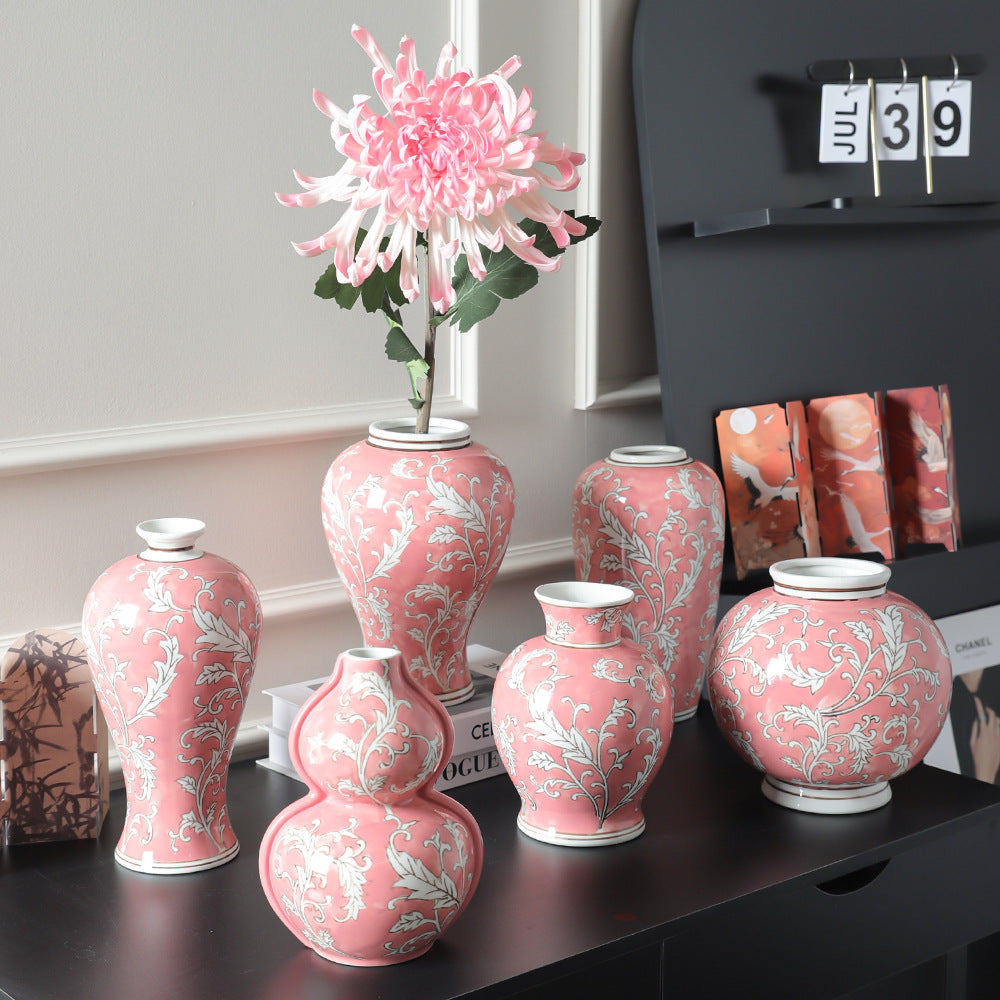 Blush pink Chinese ceramic vase collection styled with flowers