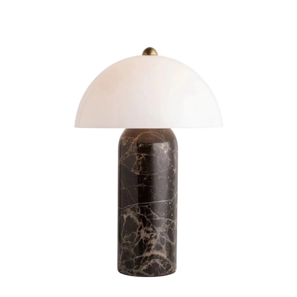 Brown marble cylindrical base table lamp with white dome diffuser