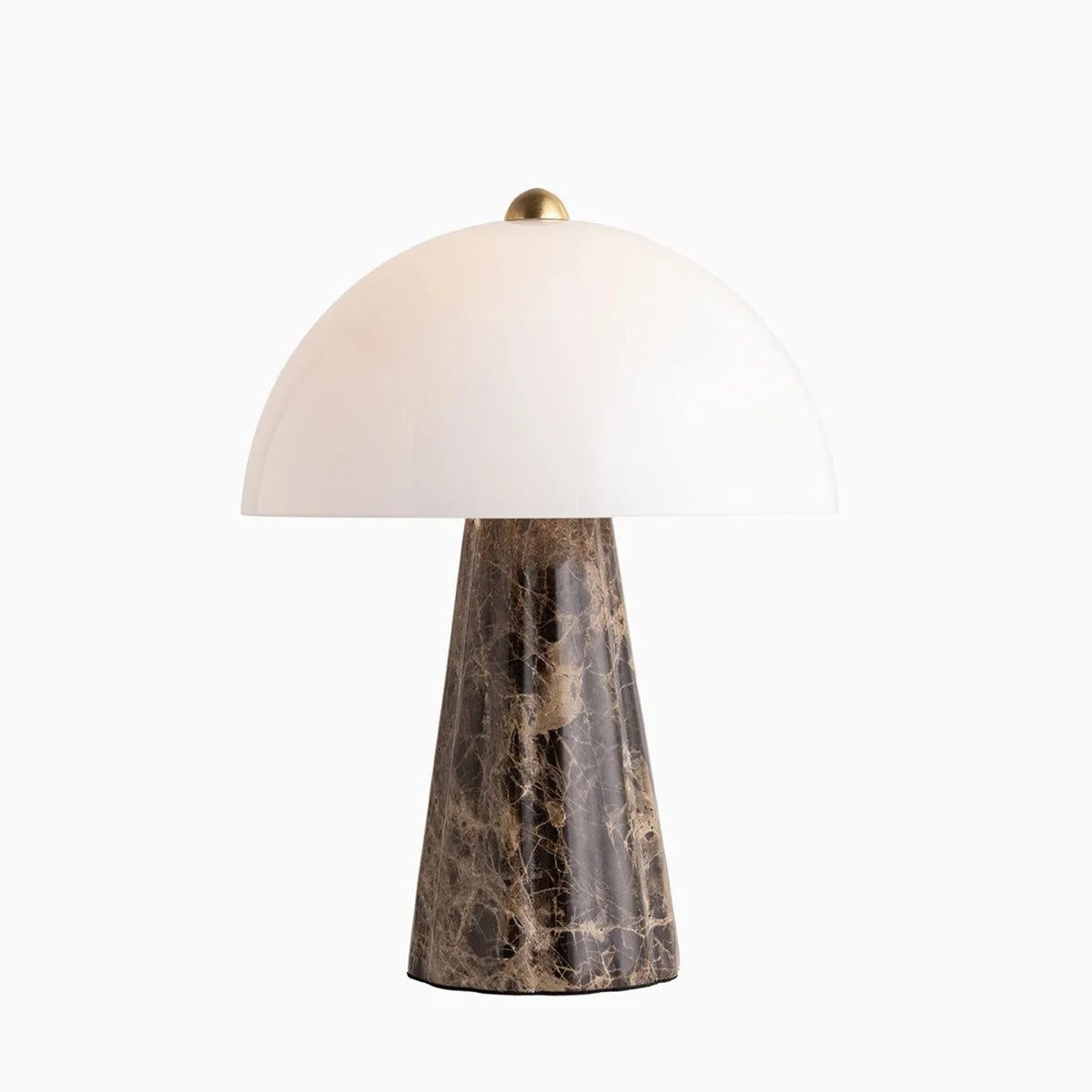 Brown marble flared base table lamp with smooth white dome diffuser