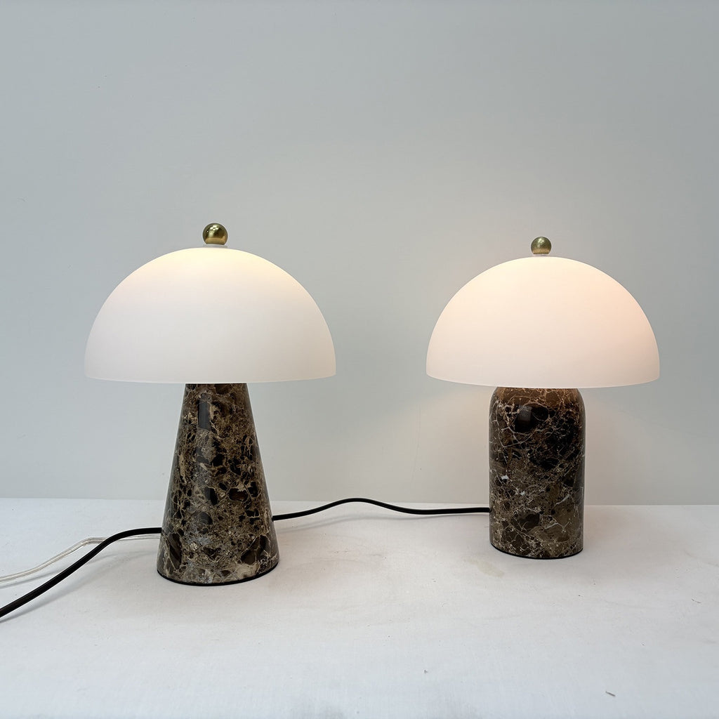 Flared and cylindrical brown marble mushroom table lamp styles shown together