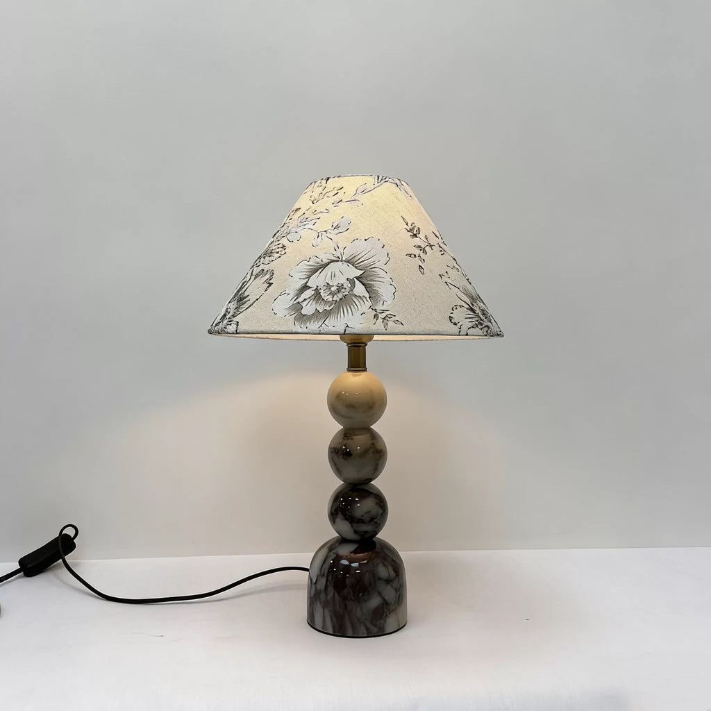 Bvlgari-vein stone stacked-sphere table lamp with printed art fabric shade