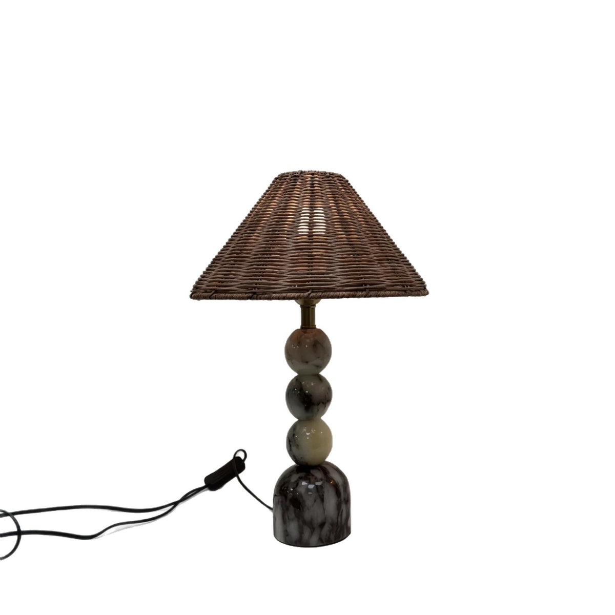 Bvlgari-vein stone stacked-sphere table lamp with woven shade and cord