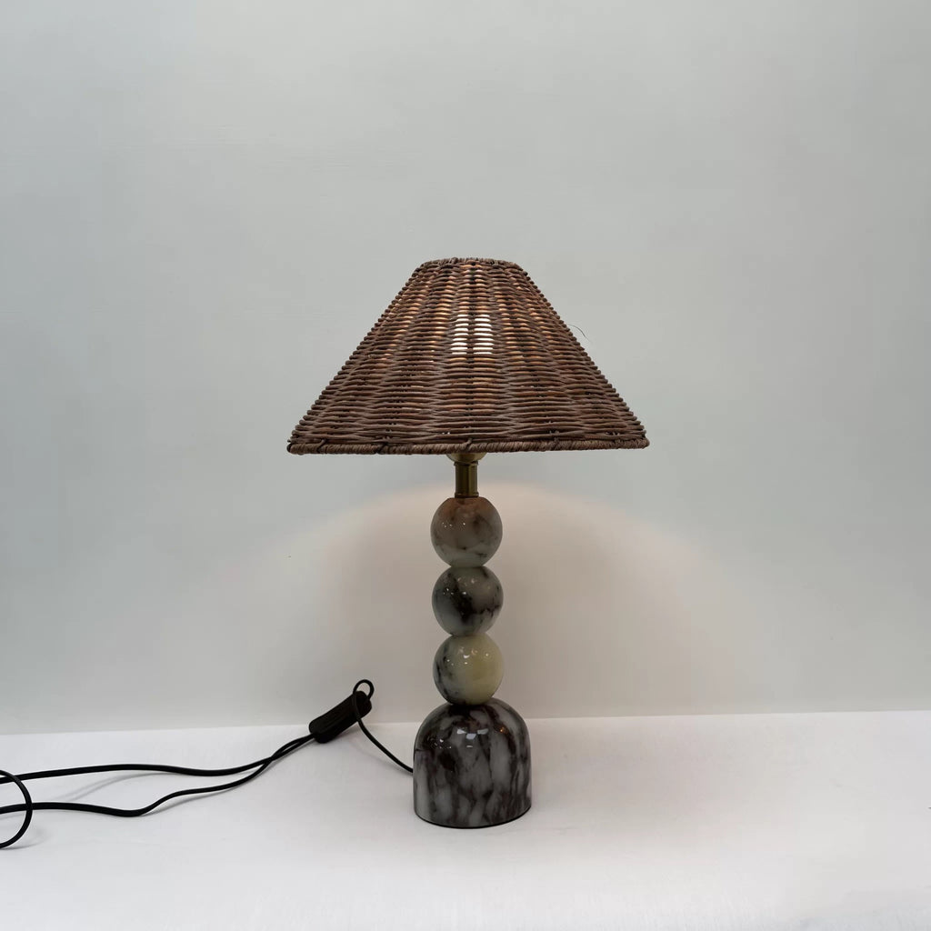 Stacked-sphere Bvlgari-vein stone table lamp with dark woven rattan shade