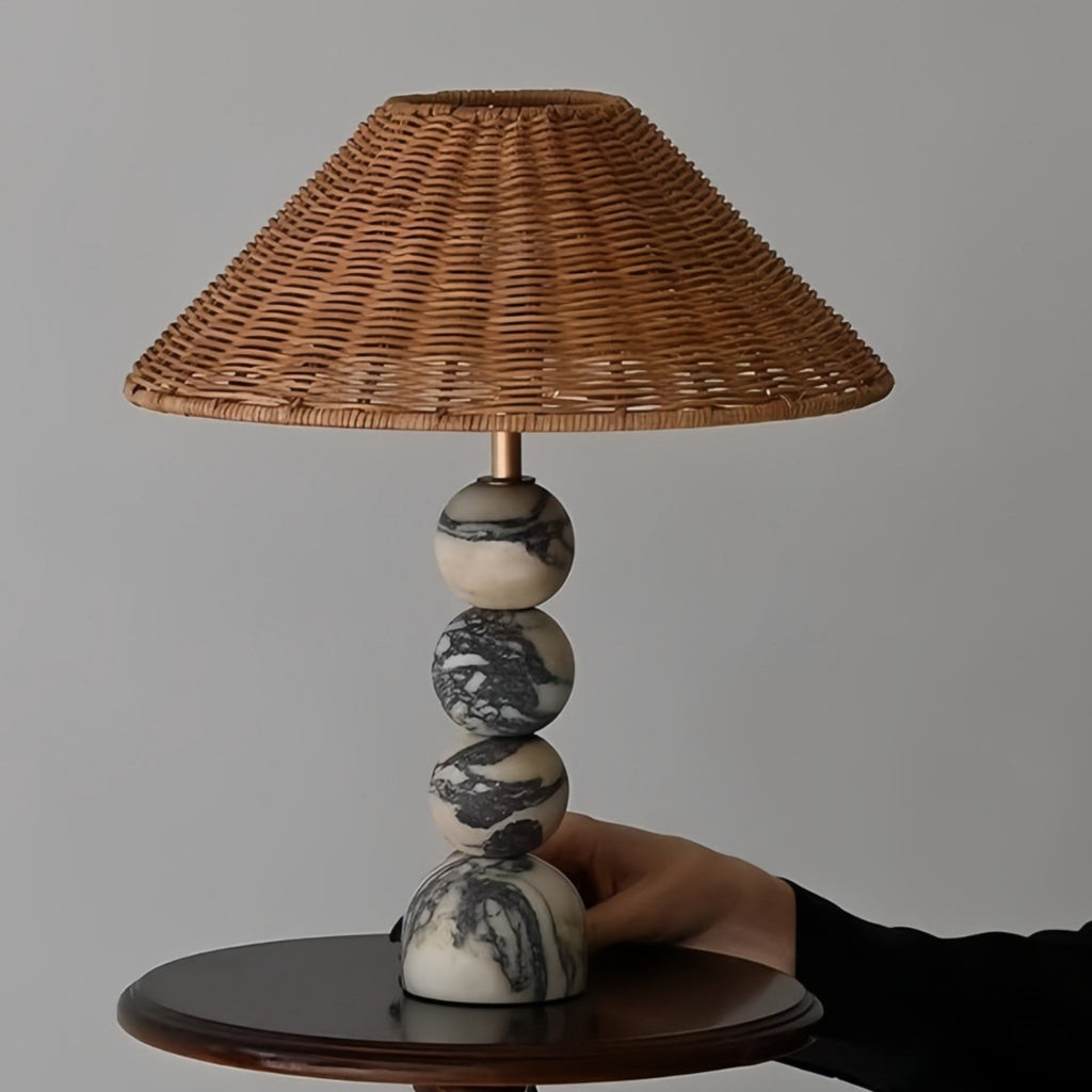 Sculptural stacked Bvlgari-vein stone table lamp with woven shade, side view